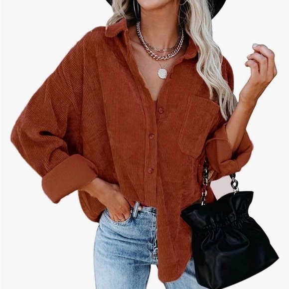 NEW Women's Corduroy Button Down Long Sleeve Oversized Jacket with Pocket - Picture 3 of 4
